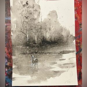 Original Painting Deer in Misty Forest Nature Art watercolor mix by Artettina